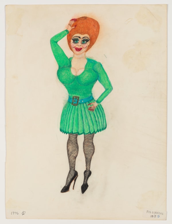 A women with orange hair and heavy makeup wearing a green skirt, stalkings, and black high-heeled shoes.