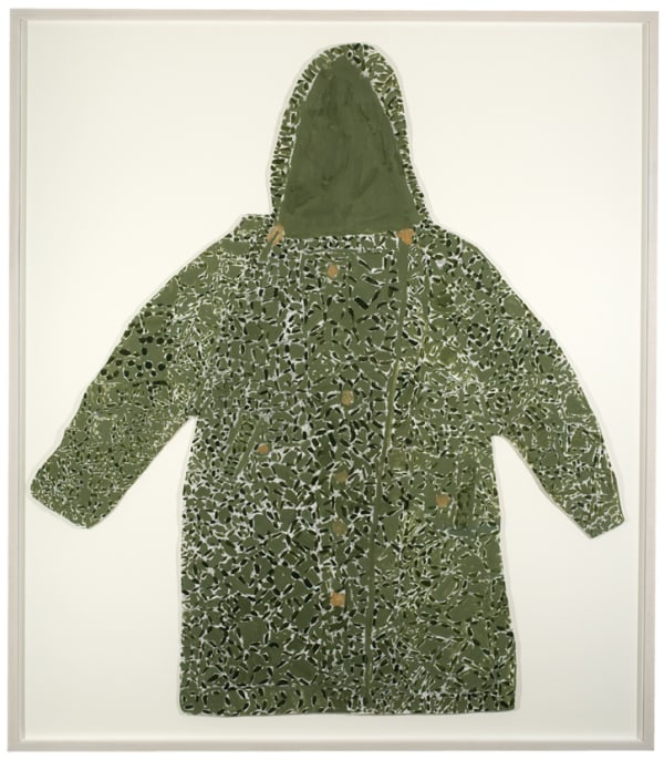 Simple depiction of a mostly green hooded jacket with a black and white camouflage pattern on it.