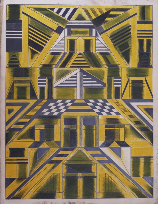 Yellow, grey, and black colored sketch of various symmetrical geometric patterns.