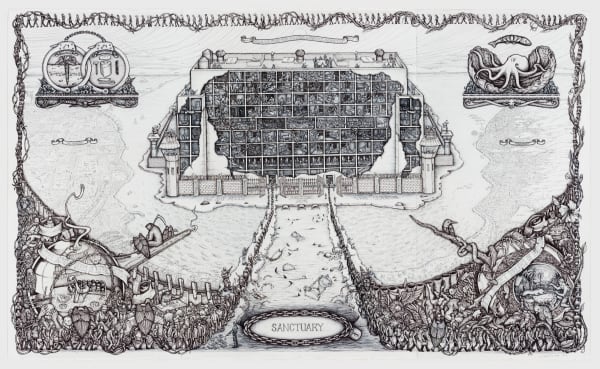 Black and white intricate depiction of a prison in the style of a map with many figures outside the gates and many inside. The word "Sanctuary" is at the bottom