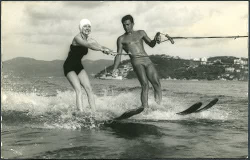 ENLARGEMENT REPRINT Vernacular, Untitled, [Exterior, Water skiing, man and woman water skiing, sport, bathing suits, summer, relaxing]