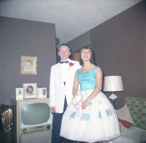 ENLARGEMENT REPRINT Vernacular, Untitled (Interior living room, couple dressed for a party, celebration, Prom night, TV, interior decoration)