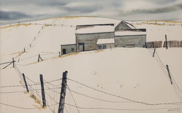 "Nestled in the Hills, 1969" by John Kasyn is an artwork that captures the stark beauty of a rural winter landscape. The composition features a series of farm buildings nestled against a backdrop of rolling hills.