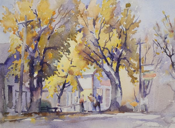 "Village in Autumn," a 1944 watercolour by Tom Roberts, depicts a quaint village scene during the fall season.
