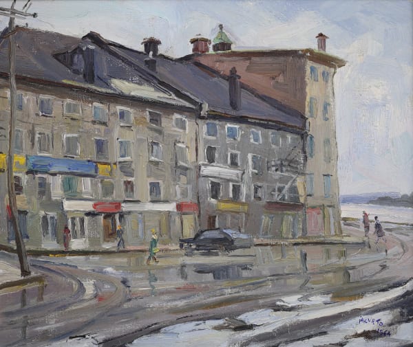 In this painting, Iacurto captures the everyday life and architecture of the area. The buildings are rendered with a strong sense of volume and mass, using a palette of muted colors that reflect the urban environment.