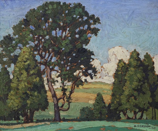 A serene painting of a field with tall trees and a beautiful sky.