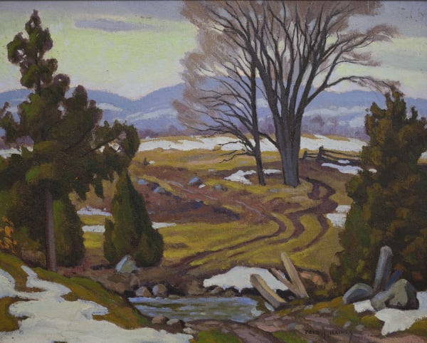 "Winter Near Wilberforce, 1950" by Frederick Stanley Haines is a depiction of a late winter scene, where the snow is beginning to give way to the underlying landscape.