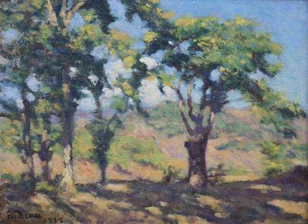 Painting of stand alone trees in a hot summer day