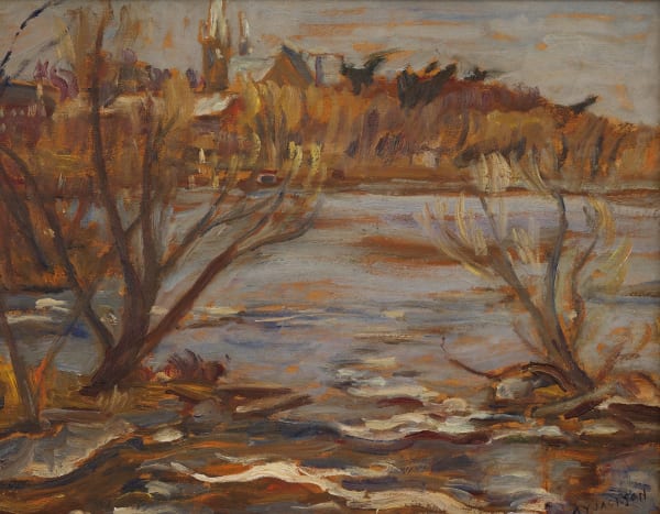 A picturesque painting depicting a river meandering through a landscape adorned with trees and rocks.