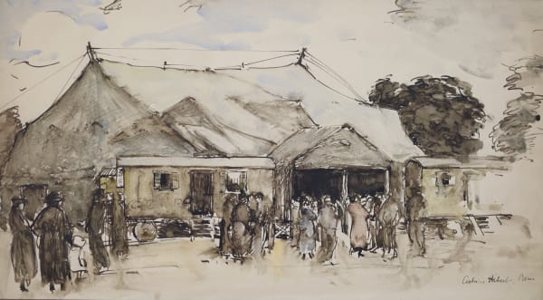 The scene is rendered in a loose, impressionistic style with washes of color that give a sense of activity and movement.