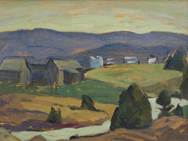 Rolling hills with small buildings