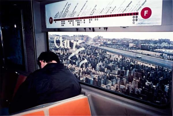 Bruce Davidson, Untitled, Subway, New York, [train passing cemetery], early 1980s