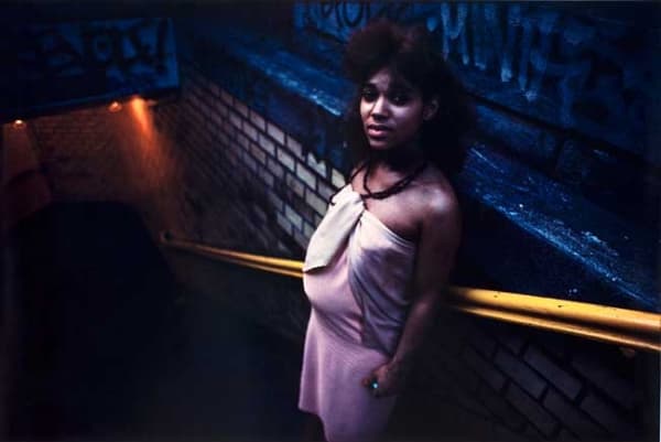 Bruce Davidson, Untitled, Subway, New York, [Purple dress], early 1980s