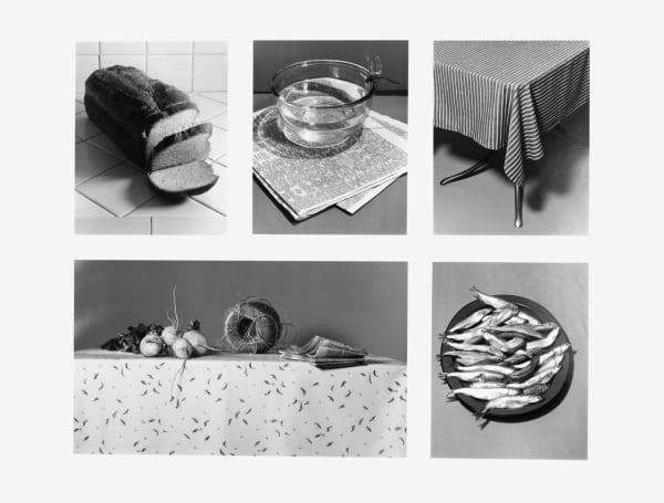 Jo Ann Callis, Still Life with Fish [sliced bread, glass of water, tablecloth, beets, sardines], 1981-1983
