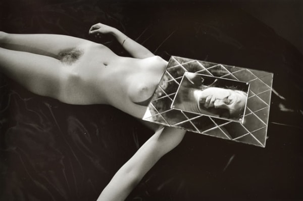 Jo Ann Callis, Untitled, [Nude's Face Under Glass Frame] from the Early Black and White Portfolio, Circa Early 1970's
