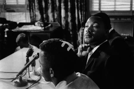 Bruce Davidson, Untitled [MLK and man with bandaged head], MLK and John Lewis, Montgomery, AL, A Time of Change, 1961
