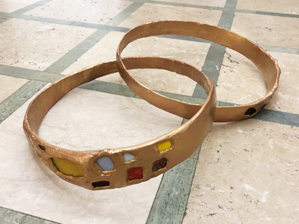 Catriona Clark Pinkie Promise Rings, 2024 Stained Glass, Epoxy Clay and Spray Paint on Metal 100 cm x 80 cm x 35 cm