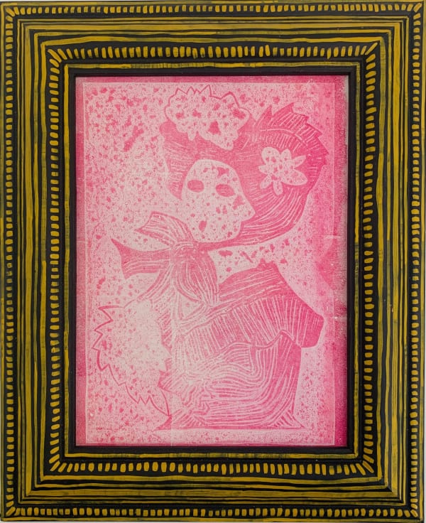 Tallulah Batley Pink Parlour Frame 2G, 2024 Picture frame, gesso, gouache, gel monoprint 23 x 28 cm
