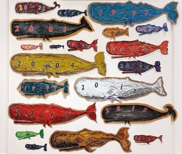 Ross Sinclair RSA (Elect) 31 Years of Real Life, School of Whales (selected), 2025 24 paintings on paper Dimensions variable