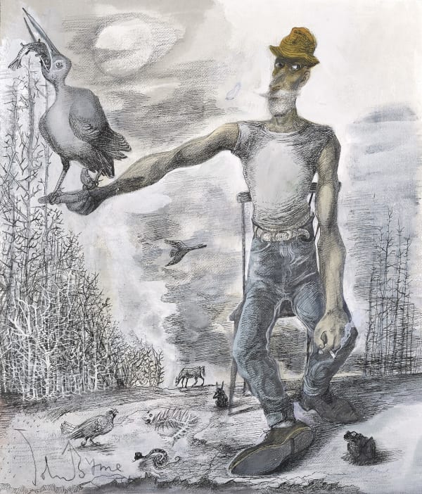 John Byrne RSA A Month in the Country, 2018 Ink, watercolor, pencil, chalk pastel and crayon on paper 61 x 53 cm