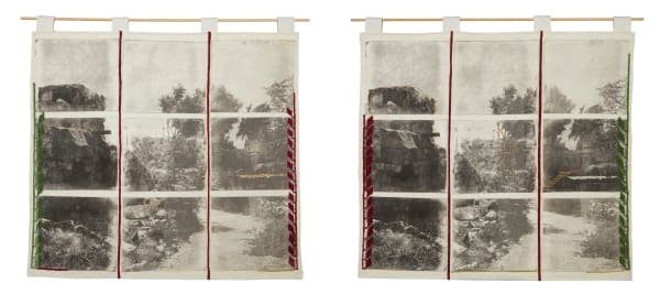 Leena Nammari RSA …it can only be here…, 2021-22 Photo-etching on calico cotton with hand stitched Palestinian embroidery motifs 70 x 126 cm