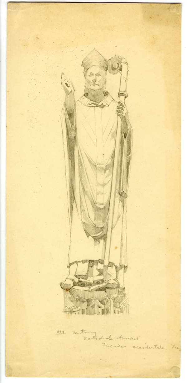 Fanindra Nath Bose ARSA, Sketch of stone carving of St Firmin, Amiens Cathedral, 1911