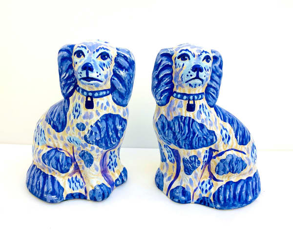 Tallulah Batley Pink Parlour mantle dogs, 2025 Ceramic, acrylic, felt 14 x 10 x 21 cm each