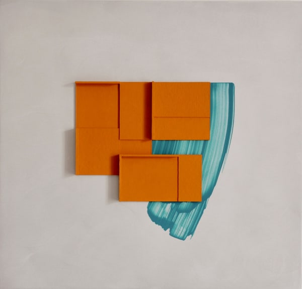Toby Paterson RSA (Elect) Tradeston Maquette (Ochre/Teal), 2021 Acrylic on board and aluminium 50 x 52 x 3 cm