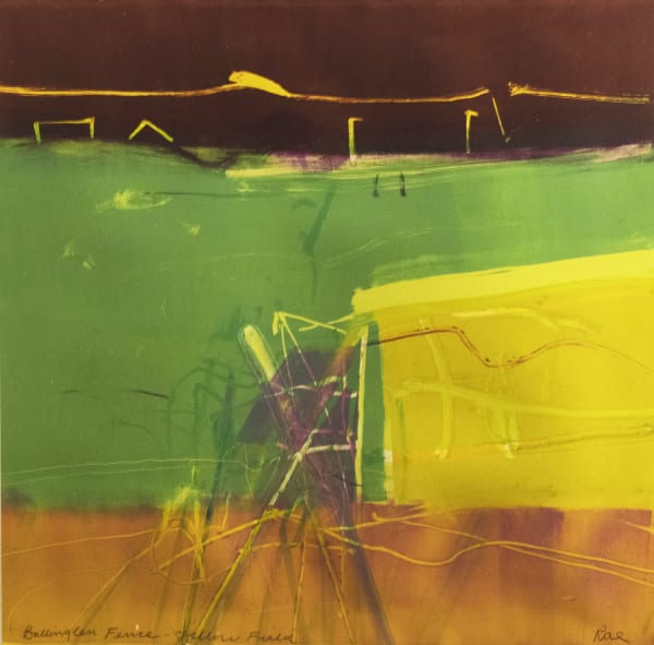 Barbara Rae RSA Ballinglen Fence - Yellow Field Monotype 88 x 88 cm