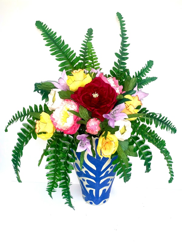 Tallulah Batley Grandmothers vase, Mothers flowers, 2025 Ceramic, acrylic, expanding foam, wax, crepe paper, wooden beads, wire, ink 42 x 28 x 28 cm