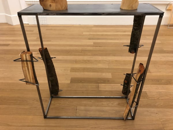 Sasha Ballon Foundation (II), 2024 Welded steel, Green Gage logs, danish oil 110 x 30 x 30 cm
