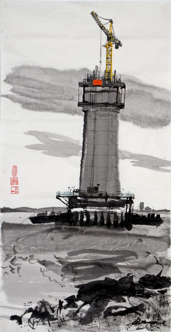 Kate Downie RSA Construction of the North Tower, Queensferry Crossing, 2014 Chinese Ink painting and and watercolour on Xuan Paper 155 x 82 cm