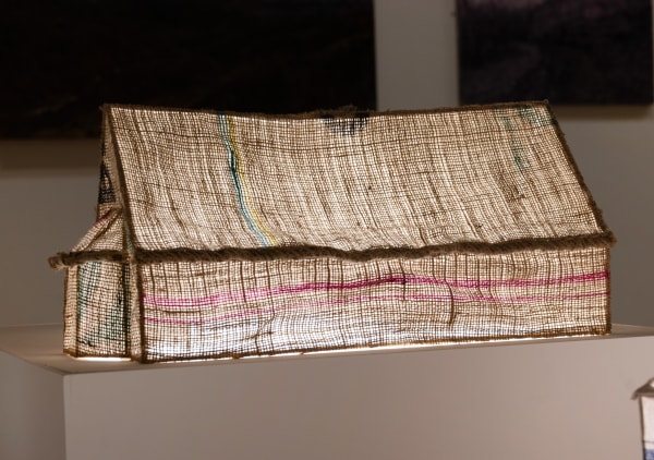 Kirsty Duguid Edinvilla, 2023 Hessian sacks and wooden sticks on MDF plinth with integrated lighting panel Building: 56 x 49 x 25 cm Plinth: 67.5 x 61 x 70 cm