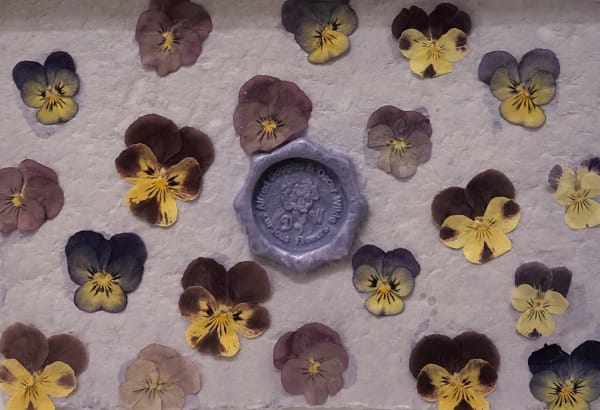 Catriona Clark Curious Flowers: Mixed Pansies, 2024 Sealing wax with Pressed Rose Flowers on Hand-made Paper 21.5 cm x 27 cm x 4.5 cm