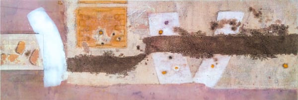 William Littlejohn RSA Harbourscape Orange and White Watercolour with collage on paper 47 x 97 cm