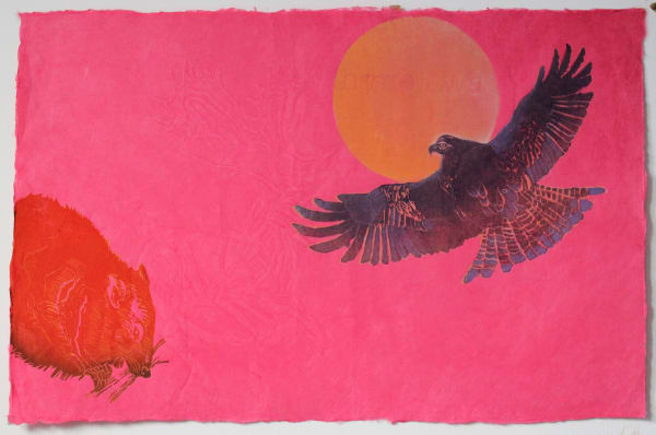 Elspeth Lamb RSA Hyne Awa: Red Kite, dormouse and hidden Moose Watermarked handmade kozo paper with mokuhanga printed elements and drawing 56 x 84 cm