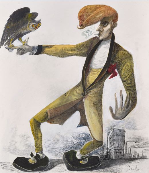 John Byrne RSA The Owl Trainer, 2018 Ink and watercolour on paper 69 x 52 cm