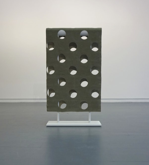 Steven Grainger Untitled I, 2020 Fabric, plywood, wooden dowel, cardboard tube and paint 68 x 23 x 122 cm