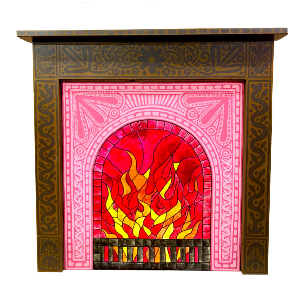 Tallulah Batley Pink Parlour mantelpiece, 2025 MDF, pine, acrylic sheet, emulsion, wax, PVA, silicone, LED lights 110 x 23 x 108 cm