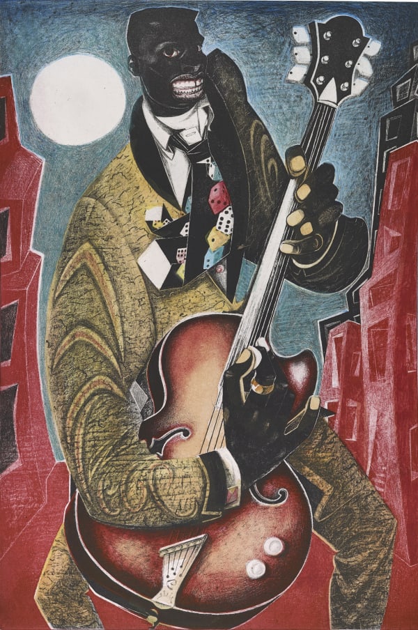 John Byrne RSA Yellow Guitar Man, 2018 Hand-coloured lithograph, artist's proof 74 x 49 cm