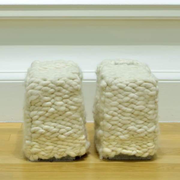 Zuleika Connolly-Jones Bottomheavy, 2022 Concrete, mixed British wools (Shetland, Devon longwool, cheviot), cotton, polystyrene 35 x 28 x 53 cm each