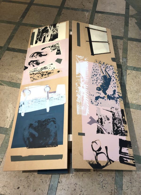 Ruari Knott Pool Cover, 2024 Screenprint on MDF, with wooden frame. Beneath, lengths of MDF in blue. 200 x 120 x 35 cm