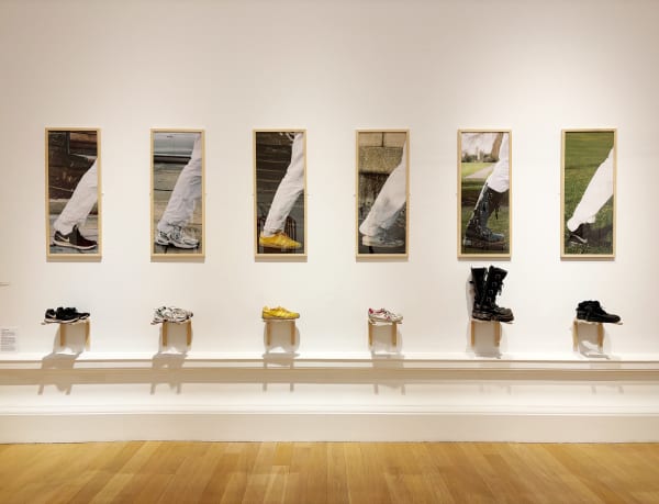 Lewis Cavinue Mile, 2025 Installation comprised of 6 photographs (documentation of live performance), 6 shoes