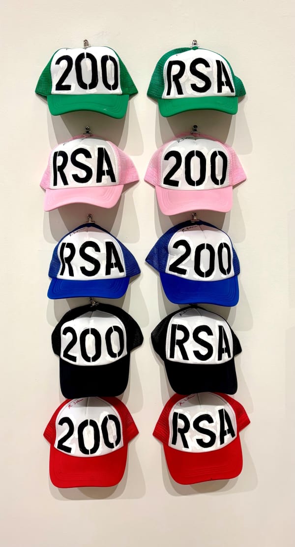 Ross Sinclair RSA (Elect) Real Life RSA @ 200 A wearable artwork for 2 people symbolising and celebrating the collaborative and cooperative synergy of 200 years of RSA, Scotland's first and oldest artist run organisation, 1826-2026 Acrylic on Twin Skip Caps Variable edition