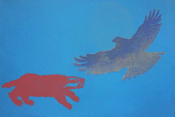 Elspeth Lamb RSA Hyne Awa Series: Badger, Red Kite and Squirrel Mokuhanga (Japanese woodblock print) on handmade, dyed mulberry paper 56 x 86.5 cm