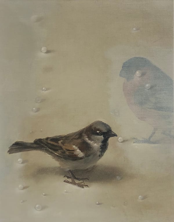 Derrick Guild RSA Pearls Before Finches Oil and acrylic on linen Image: 25 x 20 cm Frame: 42 x 37 cm