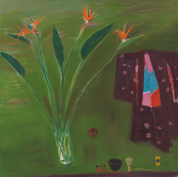 Elizabeth Blackadder RSA Still life with Strelitzia and Kimono, 1994 Oil on canvas Image size: 152.5 x 152.5 cm Frame size: 155.5 x 155.5 cm