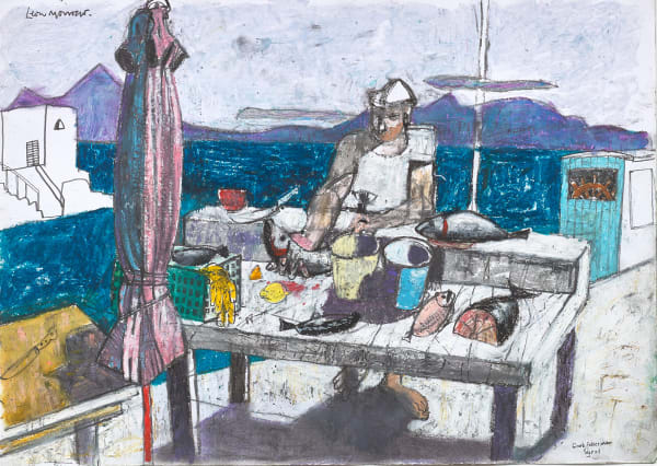 Leon Morrocco RSA Greek Fisherman, Syros, 2017 Pencil and oil pastel on paper Artwork: 30 x 42 cm Framed: 49.5 x 60.5 cm