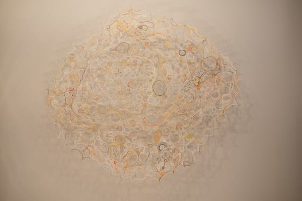 Jillian Lee Adamson Metaphorical Cell No. 13: Giant Raspberries Stole Weird Alley, 2025 Single strands of stranded embroidery floss suspended on sewing needles 104.5 x 94.5 cm