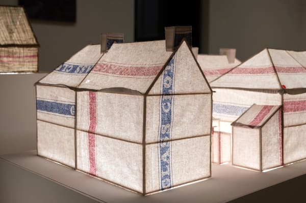 Kirsty Duguid The GA, 2023 Glass cloths and wooden sticks on MDF plinth with integrated lighting panels Building: 106 x 48 x 32 cm Plinth: 123.5 x 61 x 50 cm